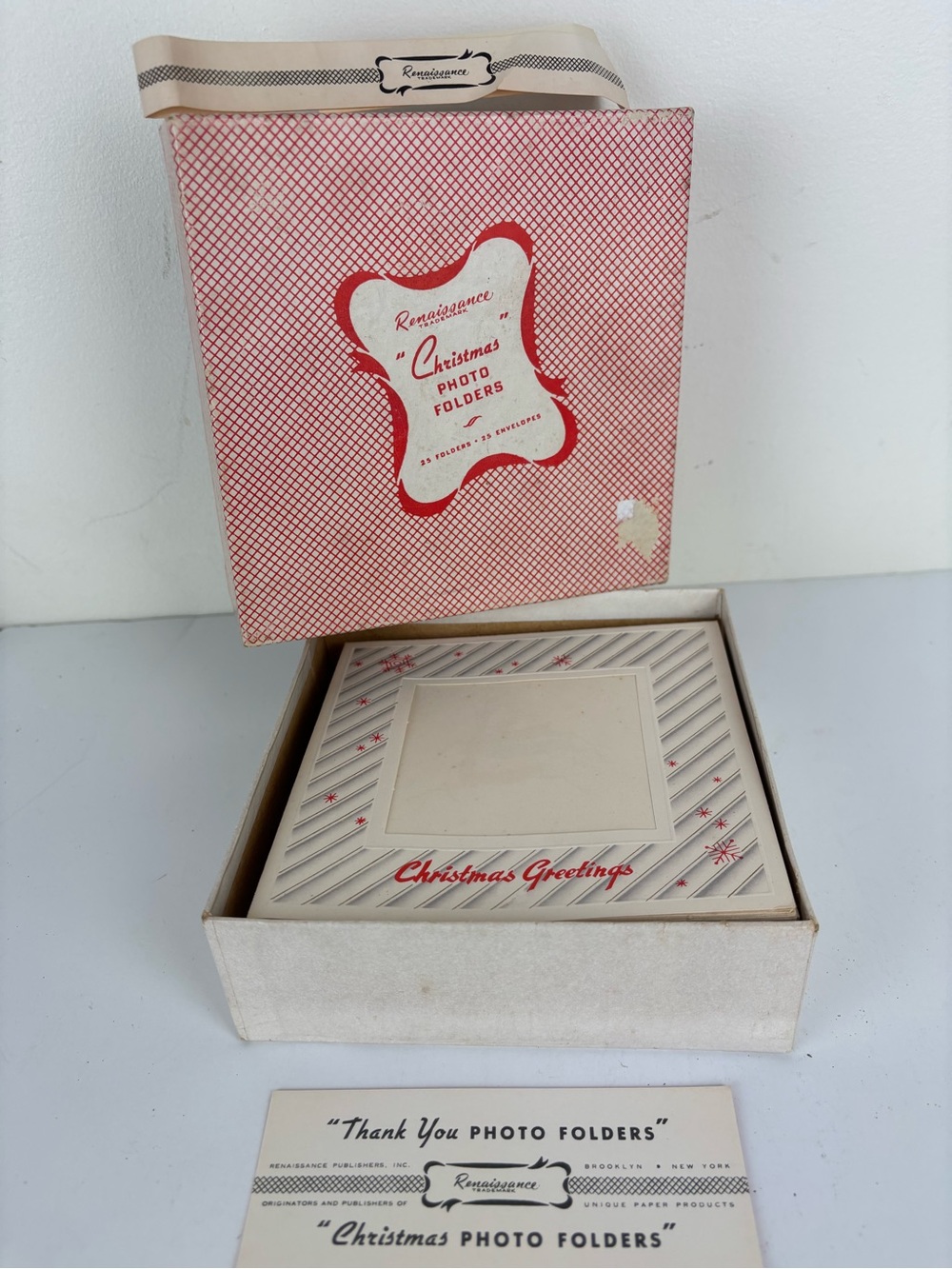 VTG-Renaissance Christmas Photo Cards - Red & Gray MCM Reindeer-Box of 25
